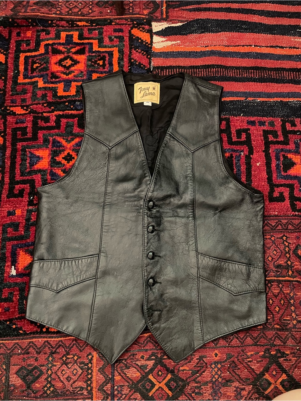Tony Lama Black Leather Western Vest with Five-Button Front